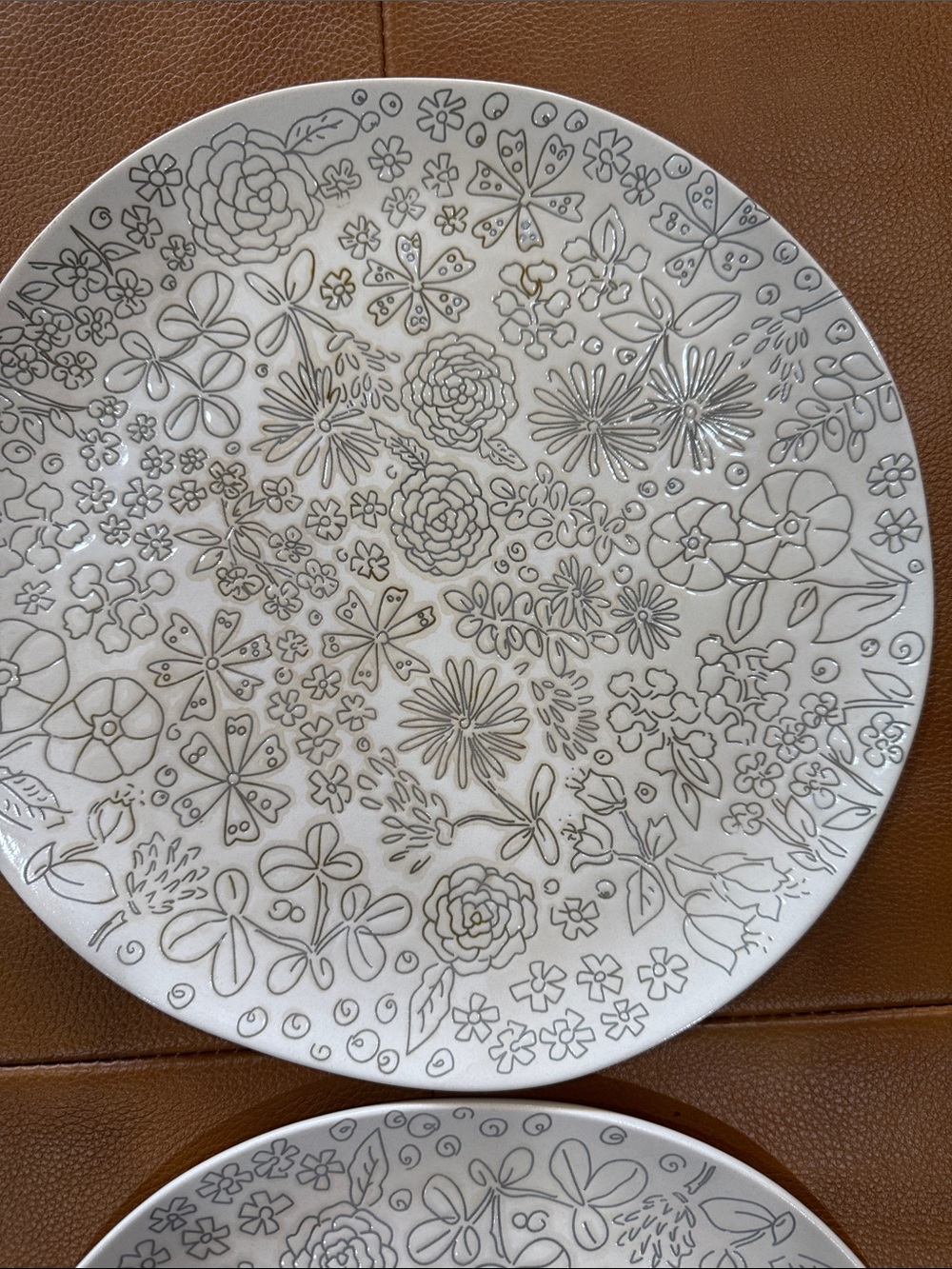 Two 11” cream Gray Floral Stoneware Dinner Plates Embossed Modern Cottage - Picture 6 of 8